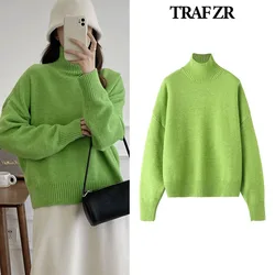 TRAF ZR Cozy Sweaters Harajuku Vintage Long Sleeve Sweaters Y2k Vintage Top Minimalist Pullovers Solid Turtleneck Pullovers