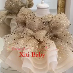 Luxurious Flower Girl Dress Scoop Neck Puff Girls Party Dresses for Wedding Puff Sleeves Tulle Kids Christmas Ceremonial Dress