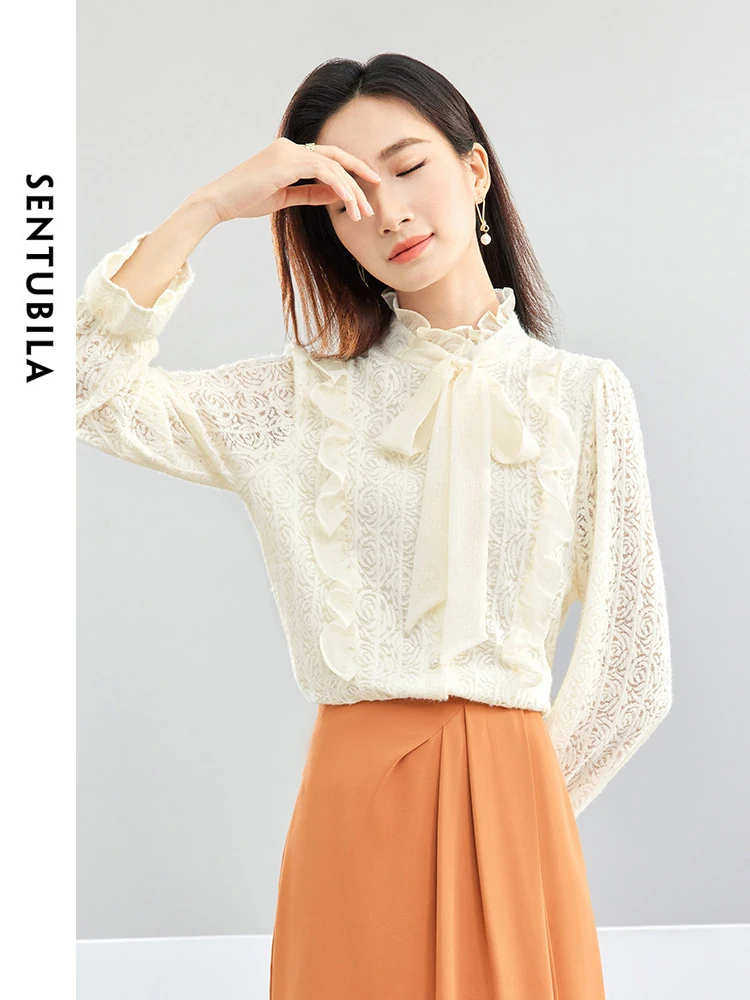 

SENTUBILA Apricot Elegant Lace-up Straight Woman Lace Shirt 2024 Spring French Style Bow Neck Hollow Out Female Blouse 141S53228