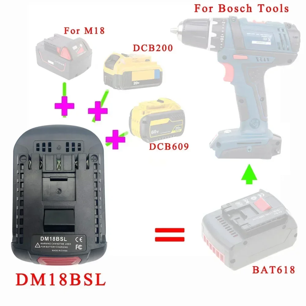 DM18BSL Converter Adapter for Milwaukee for M18 for Dewalt 18V 20V Li-ion Battery DCB200 For Bosch 18V Power Tools BAT618 BAT609