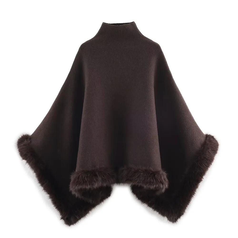 

Winter new women's faux fur effect flat needle cape jacket
