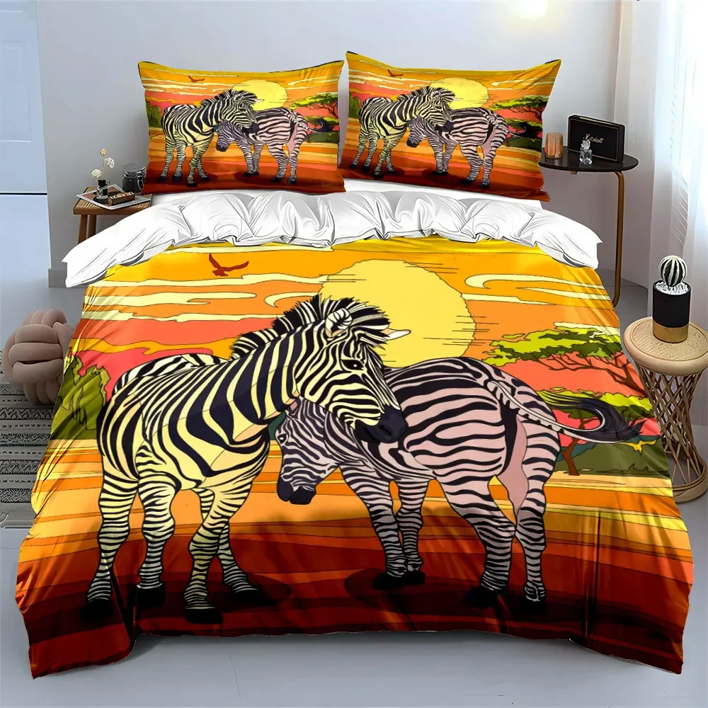 3Pcs African Savanna Bedding Set, Two Zebras at Sunset Cartoon Art Print Duvet Cover, Bright Safari Style