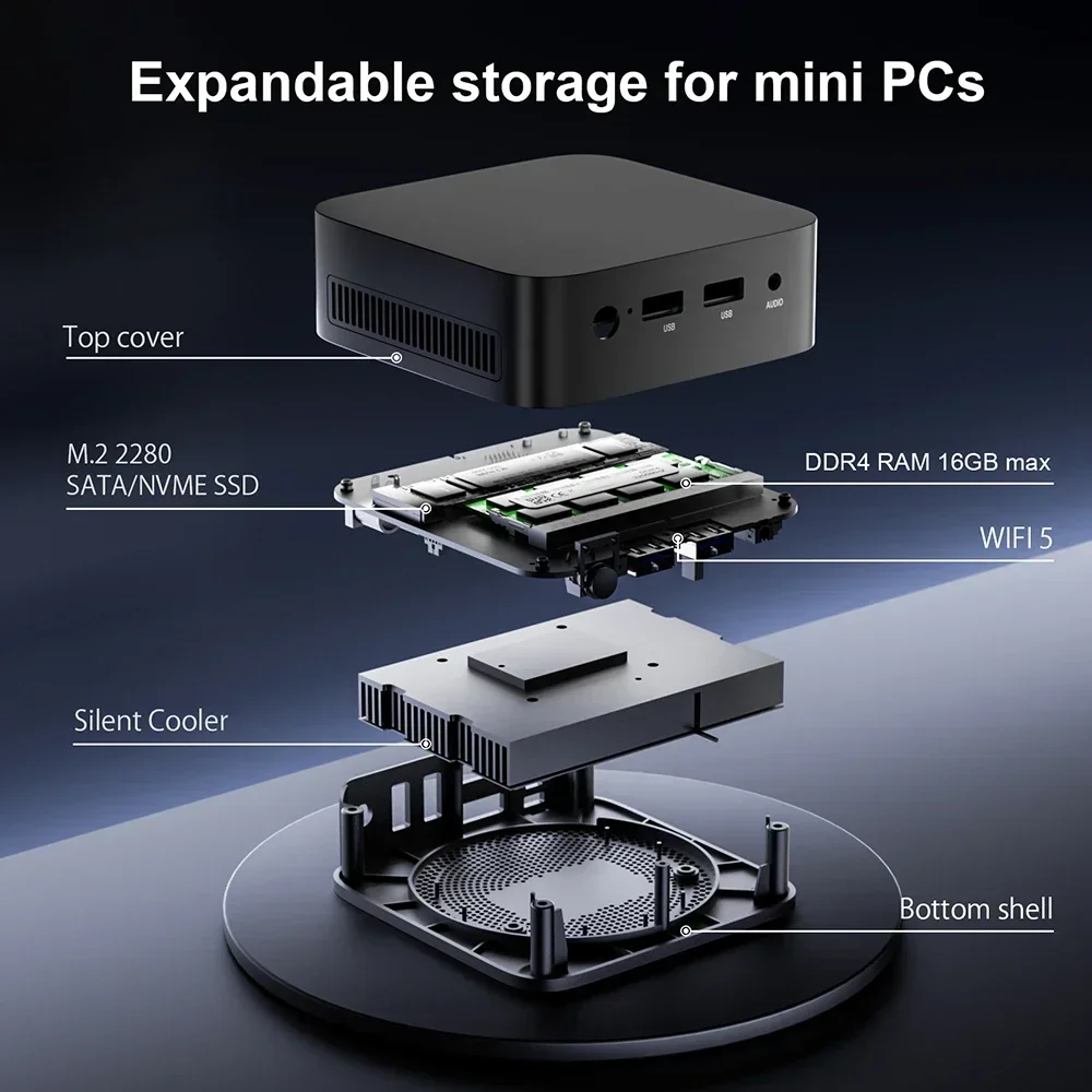 T10 Mini PC Intel Twin Lake N150 Windows 11 Ultra Small Pocket Computer Dual SSD Full Function Type-C 4K 60Hz RGB Output