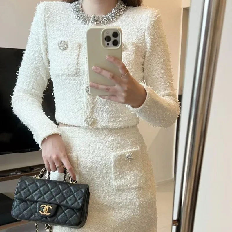 Elegant temperament socialite women's diamond-encrusted knitted cardigan top + hip-wrapped skirt set
