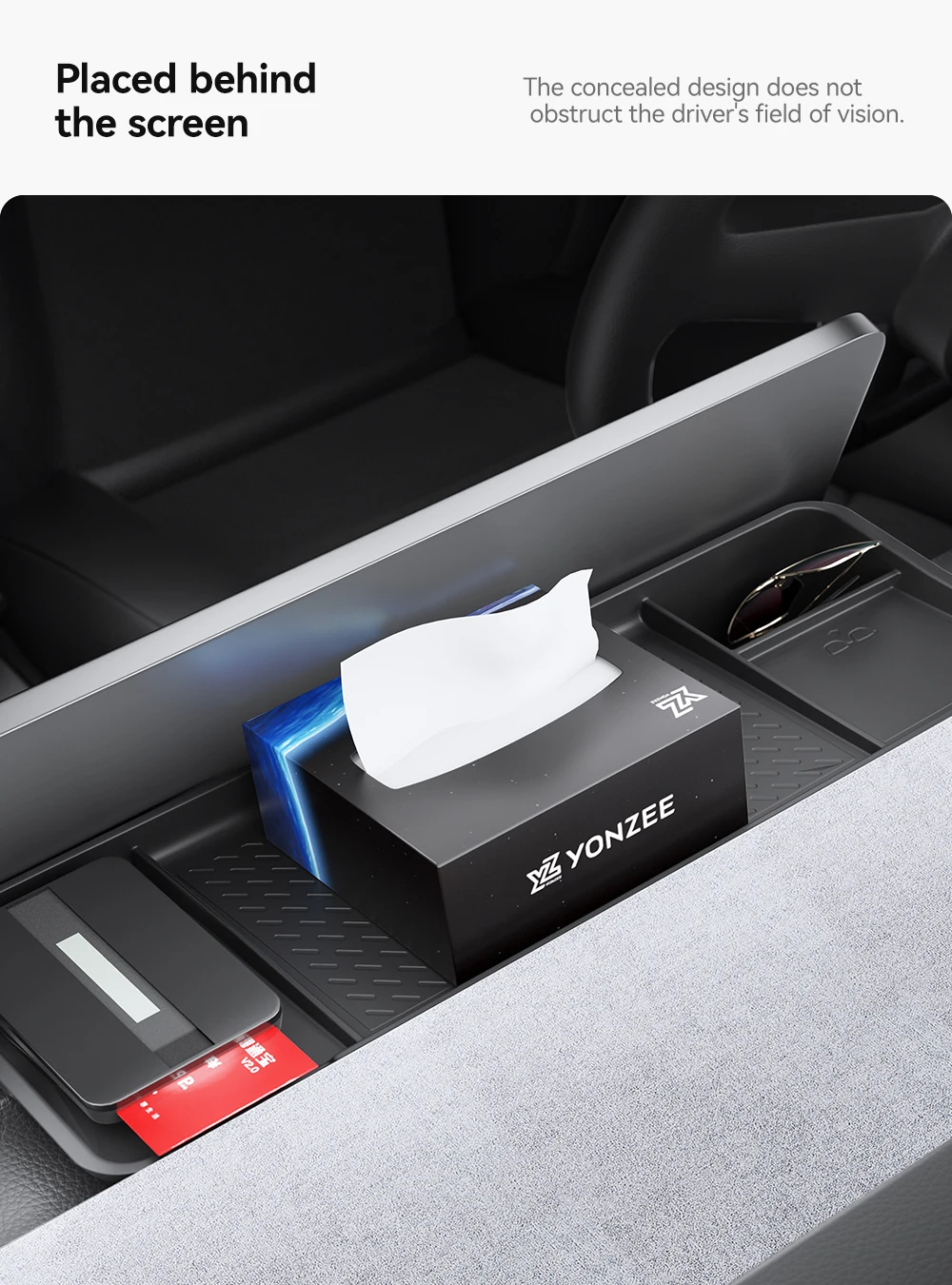 Aufbewahrungsbox für die Rückseite des Displays, Organizer, Halterung für das Armaturenbrett, Taschentuchbox, Zubehör für Tesla Model Y Juniper, Model 3 Highland. – Detail 8