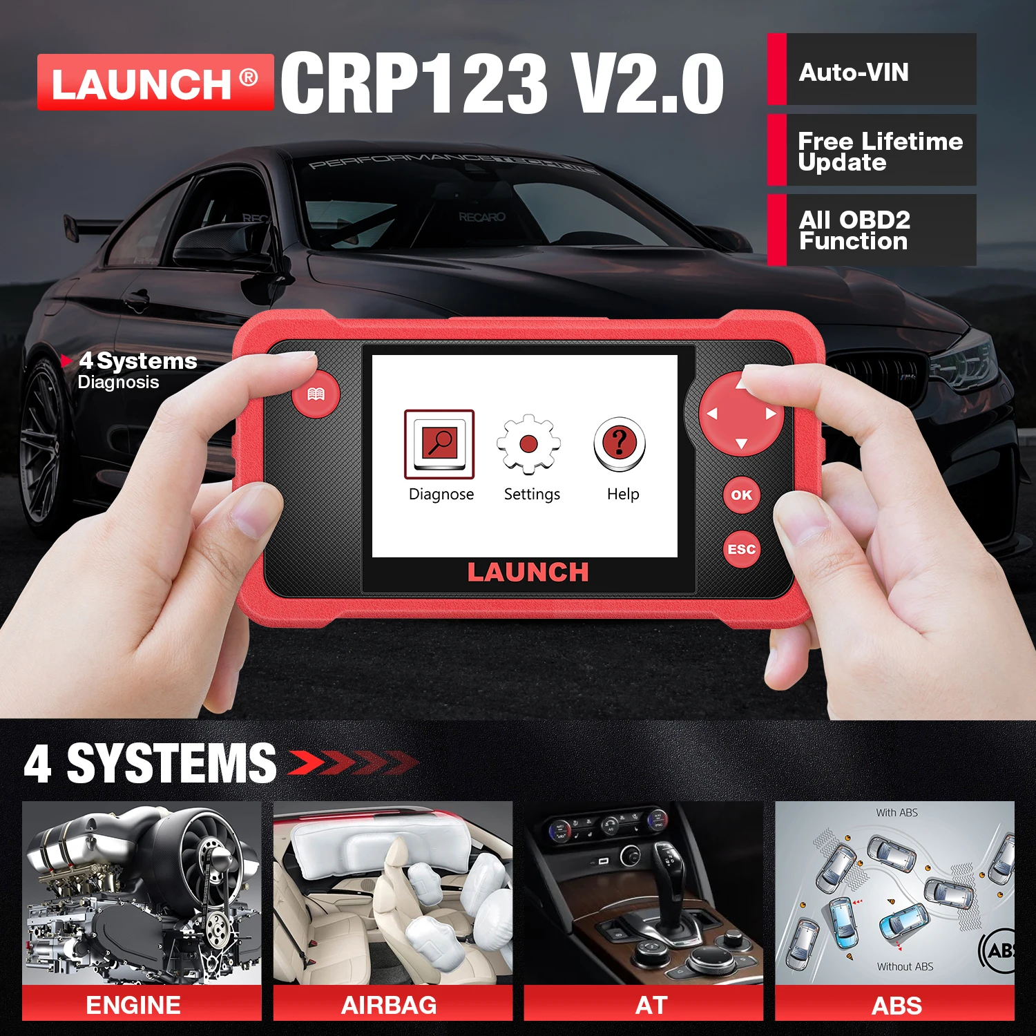 LAUNCH X431 CRP123 V2.0 4 Systems Engine/Airbag/AT/ABS Scan Diagnostic Tool Scanner Full OBD2 Functions Lifetime Free Update