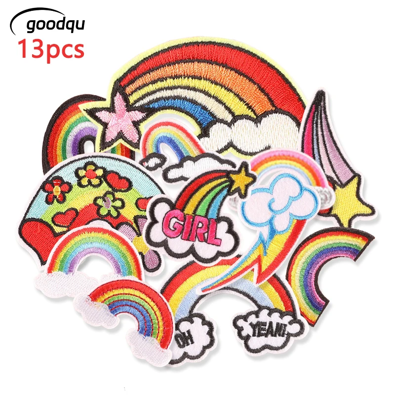 13pcs Patches For Clothing Kids Iron On Rainbow Lot Wholesale Embroidered Bulk Applique Pack Cute Parche Ropa Fabrics Sew Jacket