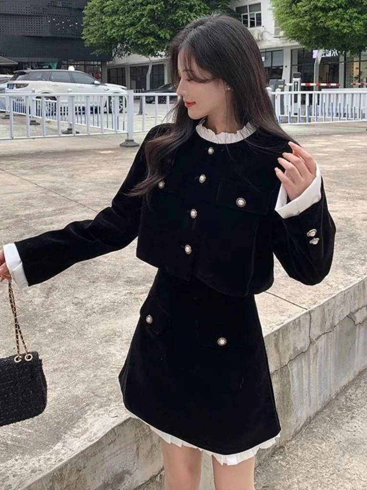 Insozkdg 2024 Frühling Herbst elegante Frauen Tweed 2 Stück Sets Langarm Rüschen gespleißt Jacke hohe Taille Mode Rock Anzüge