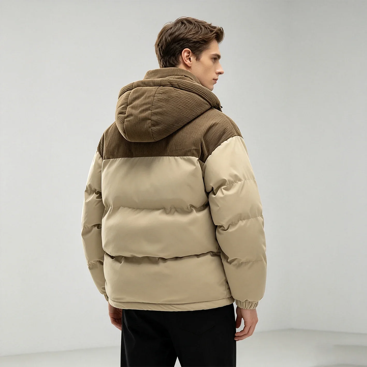 Winter Corduroy Spliced Hooded Puffer Jackets Men Autumn Color Block Warm Thick Cotton Padded Coats Man Outdoor Outerwear Parkas