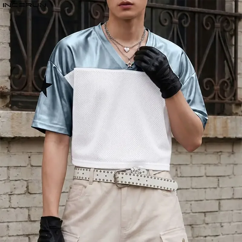 INCERUN Men's T Shirt Mesh Patchwork V Neck Short Sleeve Crop Tops For Man Summer Loose Streetwear Fashion Casual Men Clothes