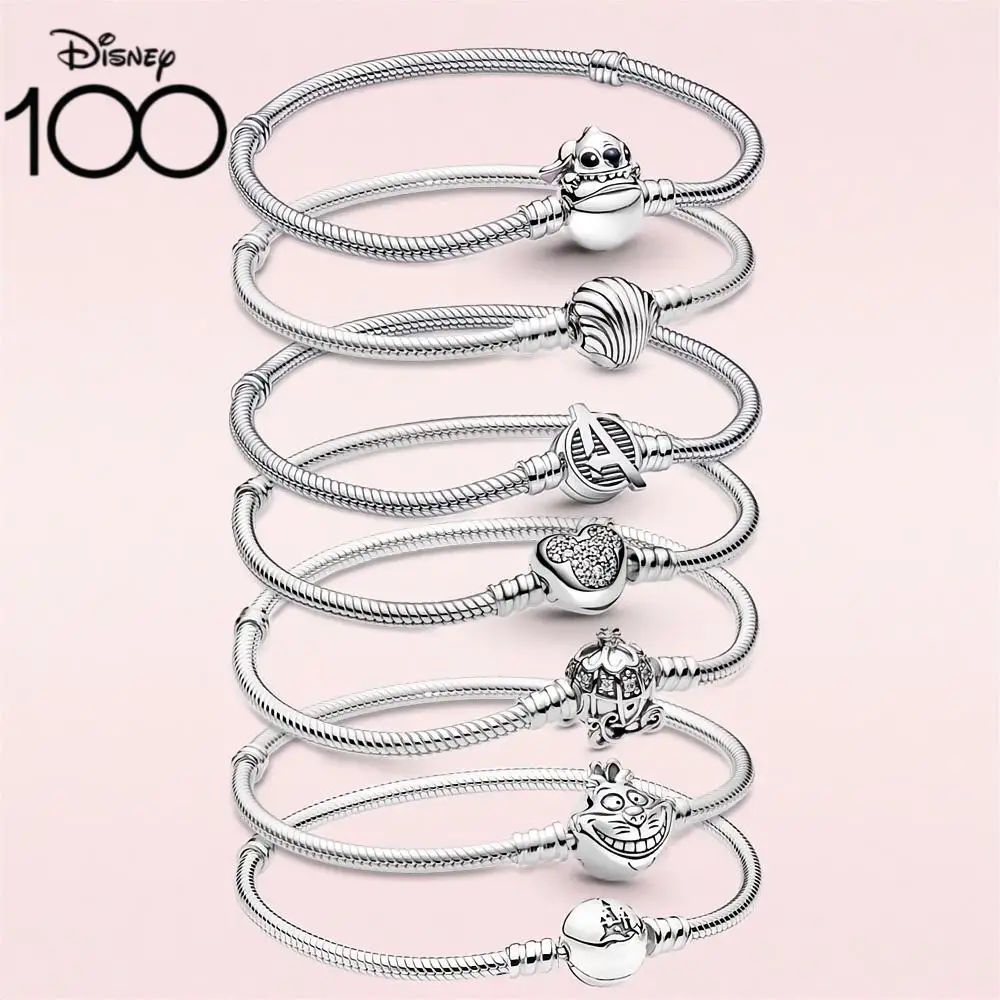 Disney 2024 New Fashion Mickey Mouse Heart Buckle Snake Chain Exquisite Women's Bracelet DIY Charming Jewelry