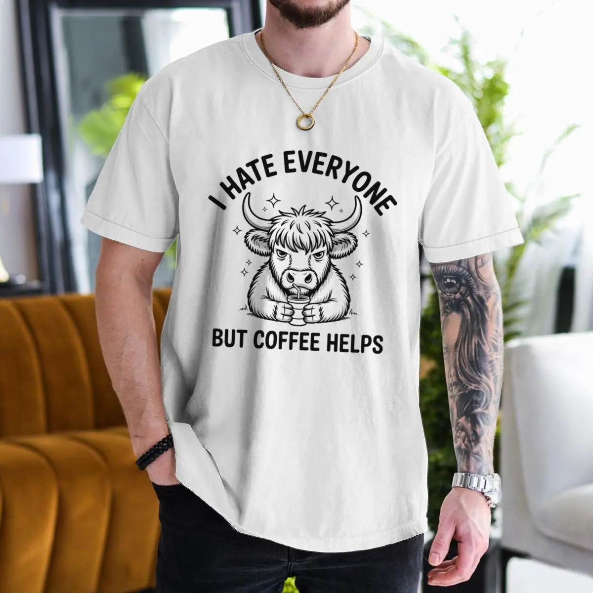 Vintage Highland Cow and Coffee T Shirt Men 