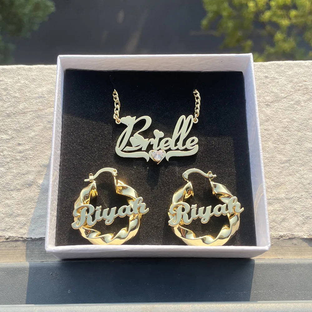 

Lulu's Heart Zircon Custom Name Jewelry Set for Girls Women 30mm Twist Hoop Earrings Cute Personality Nameplate Necklace Gift