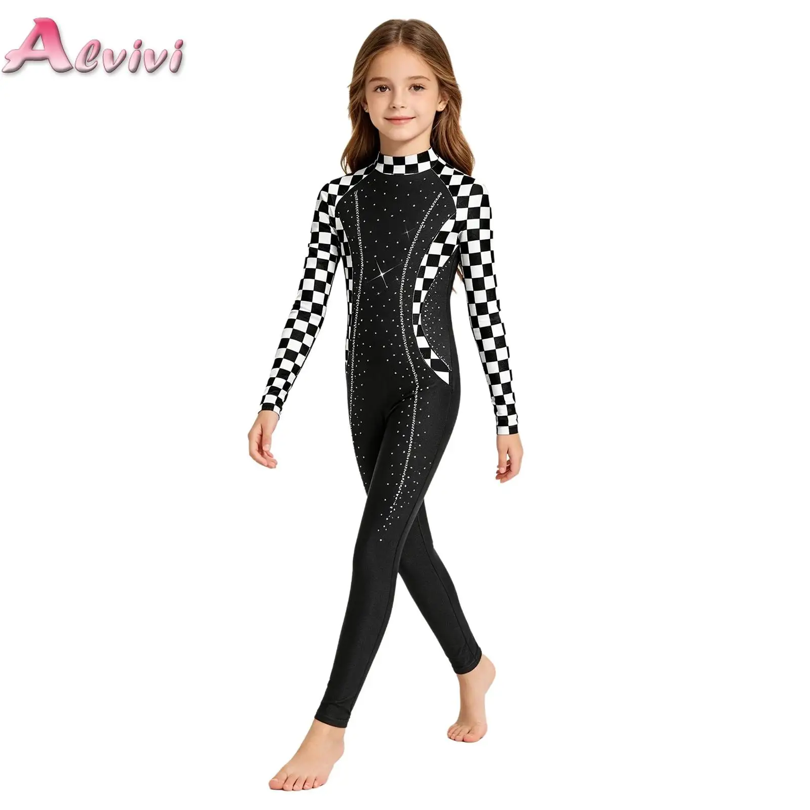 Kids Girls Printed Ballet Dance Jumpsuit Gymnastics Figure Skating Performance Wear Long Sleeve Zipper Shiny Rhinestone Leotard