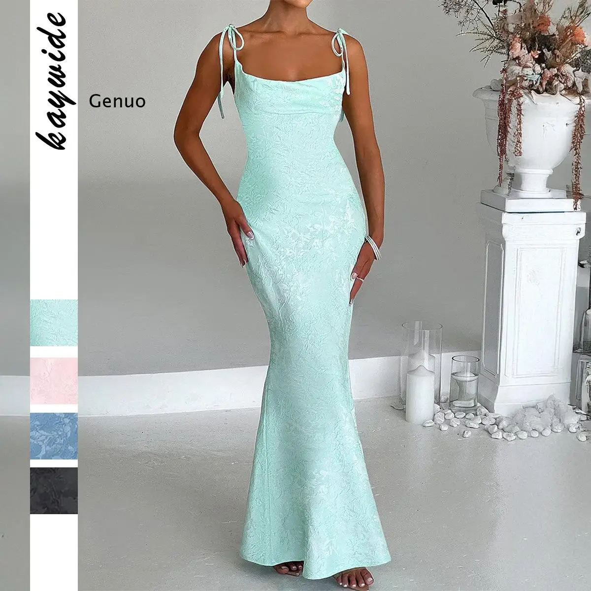 2026 Women Jacquard Mermaid Dress Spaghetti Strap with Textured Fabric for Formal Events