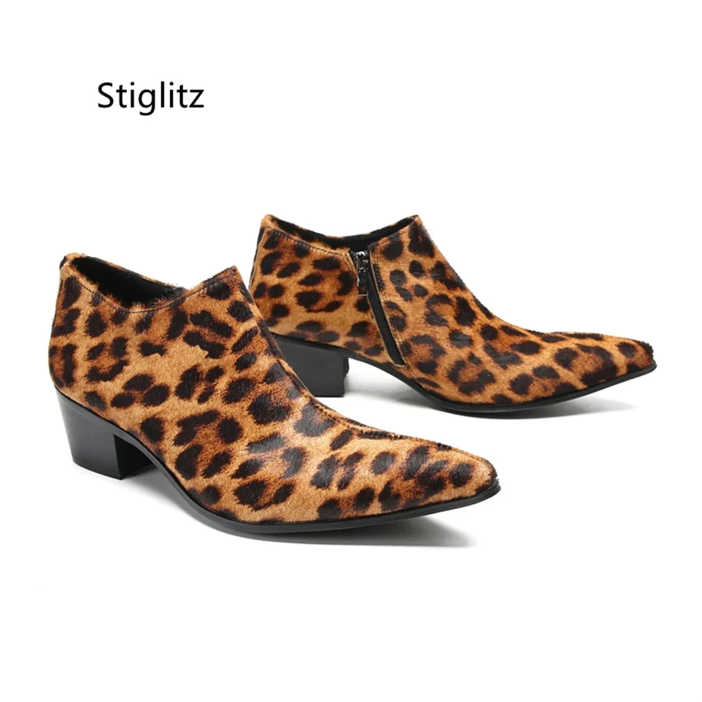 Leopard Print Men\'s Shoes Pointed Toe High Heel Side Zipper Men\'s Comfortable Casual Shoes Runway Party Chelseas Shoes for Men