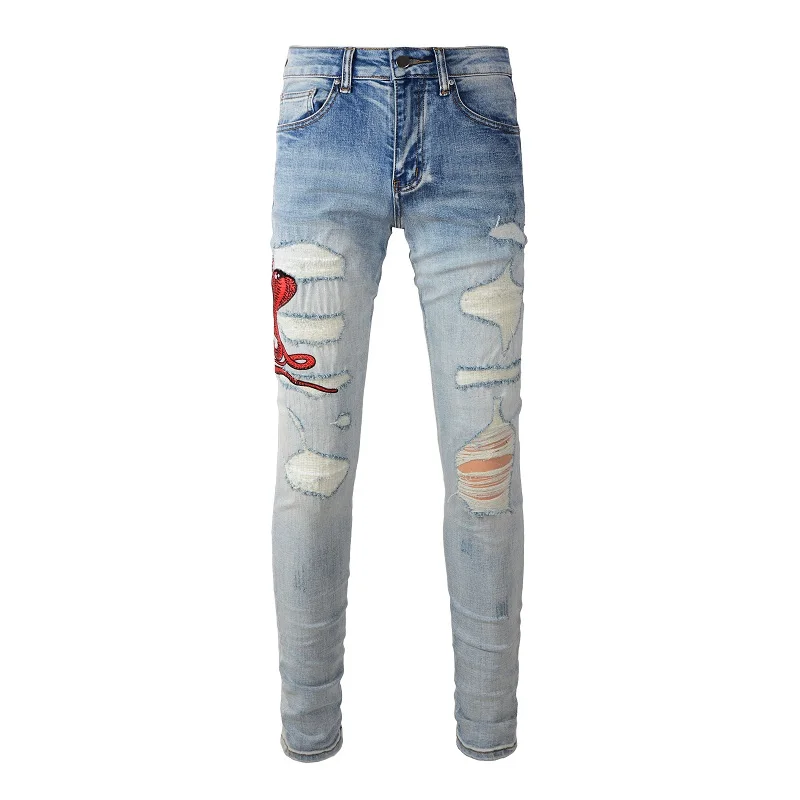 NEw Men's EU Drip Embroidered Red Snake Patchwork High Street Distressed Slim Fit Stretch Holes Patches Ripped Washed Blue Jeans