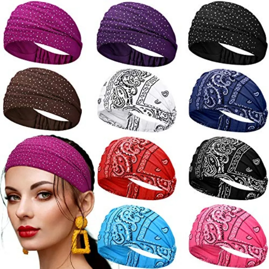 10 Pcs Wide Bandana Headbands for Women, Non Slip Knotted Paisley Rhinestone Hairband Elastic Stretchy Boho African Head Wrap B
