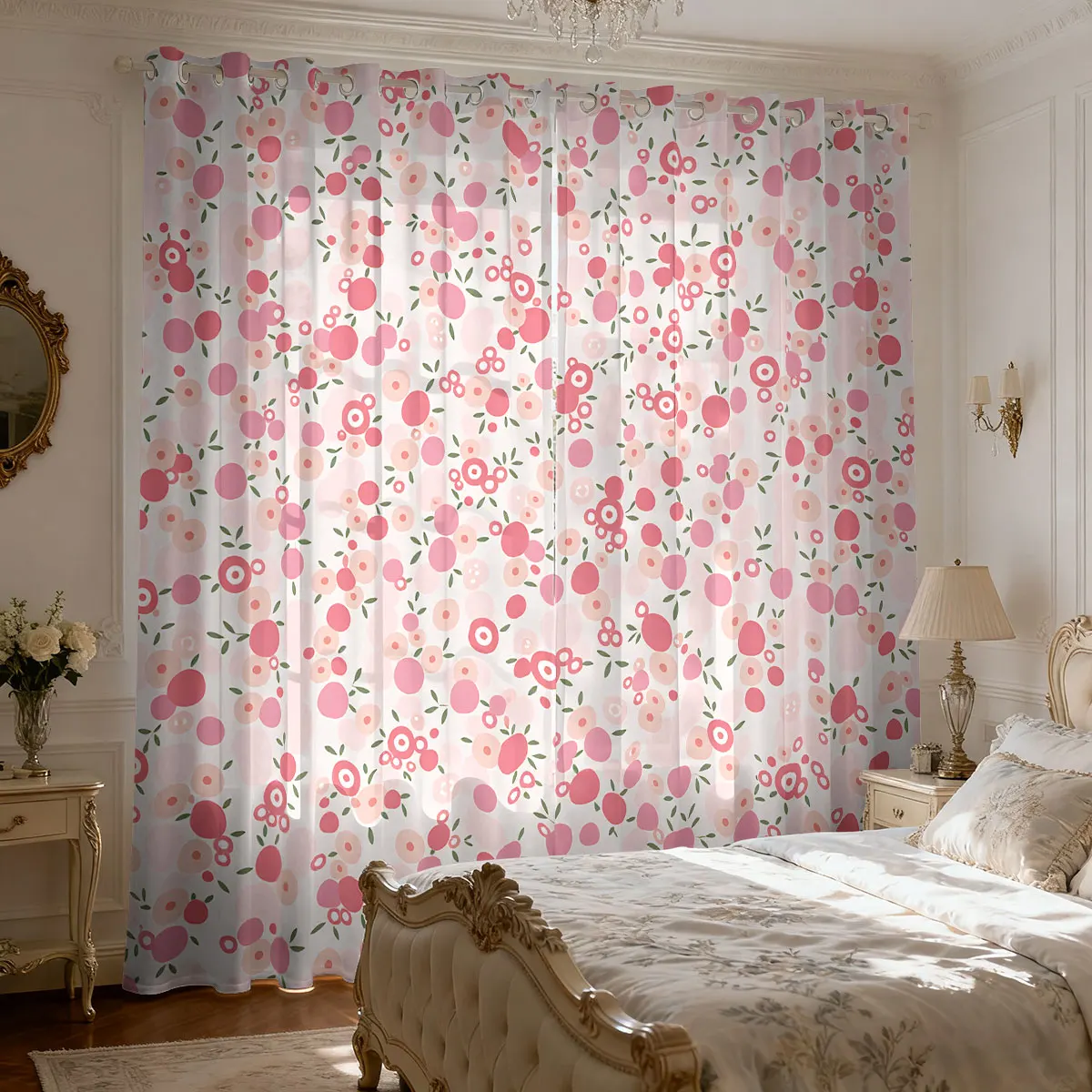 2pc Pink Peach Fruit Print Curtain 90gsm Bedroom and Living Room Decoration Multiple Sizes Easy To Install