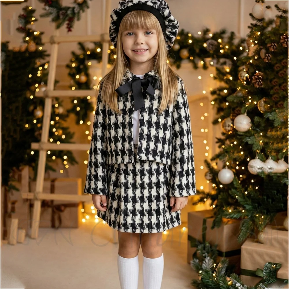 Houndstooth Luxury Girl Suit Customized Stand Lapel Fashion Children Clothing Blazer Short Skirt Birthday Party Girl Outfit