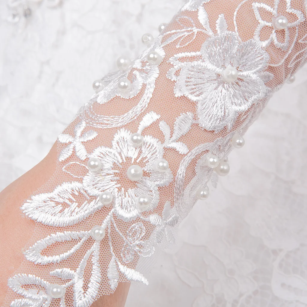 Noiva Fingerless Lace Luvas De Casamento, Pérolas Luvas De Noiva, Eblow Comprimento, Acessórios Do Casamento, Branco, 2022