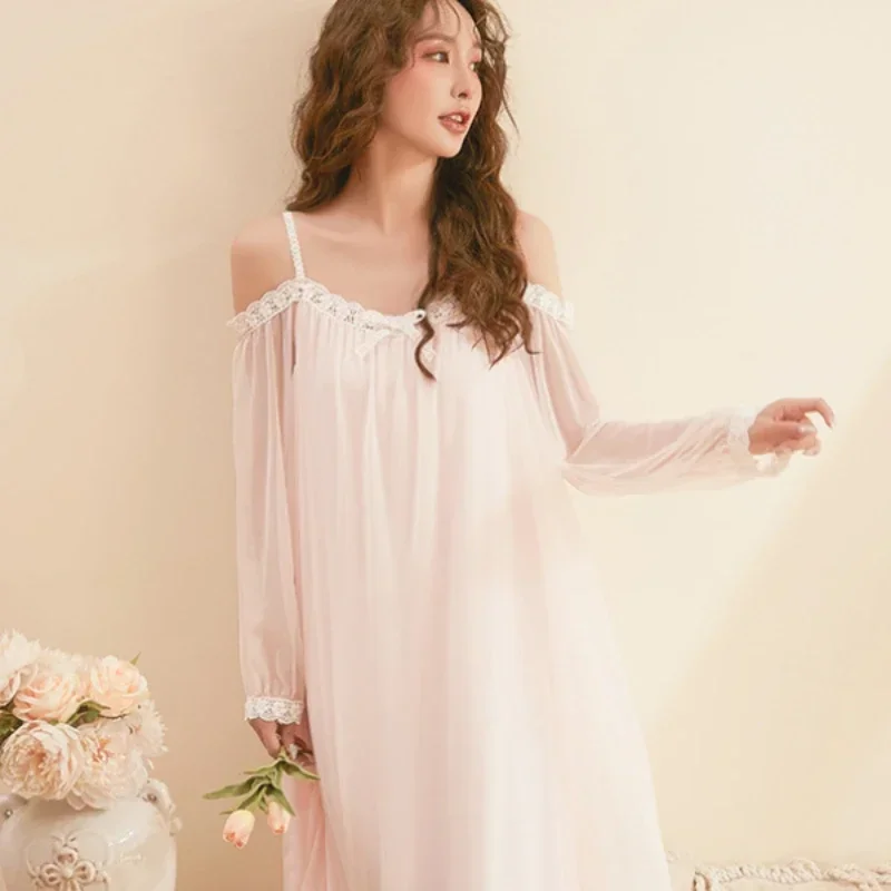 Spring Fairy Mesh Long Lace Peignoir Women Sexy Off Shoulder Sleep Night Dress Romantic Nightgown Sleepwear Victorian Nightdress