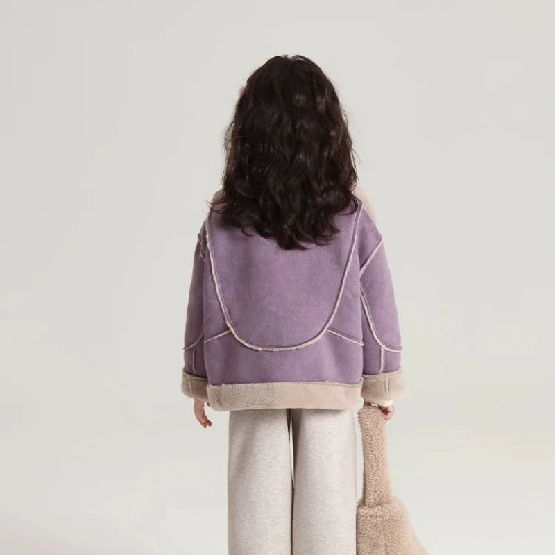 2025 Winter New Girls' Horn Toggle Plush Coat Stylish Fleece Lined Double Layered High Neck Kids' Winter Jacket