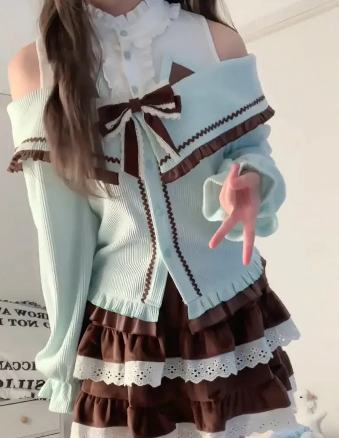 Japanse zoete jurken Y2k 2000s Kawaii Vintage 2-delige set Damesjurk Top + korte rok Boog Sexy Winter Lolita Mode Elegant