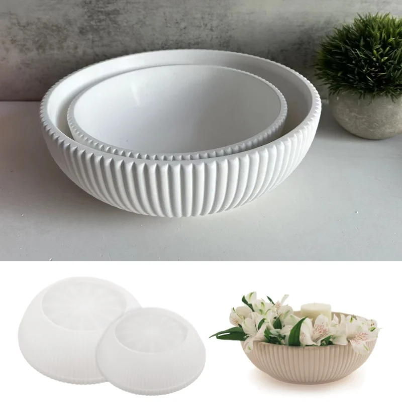 Concrete Storage Bowl Silicone Mold DIY Stripe Round Scented Candle Vessel Flowerpot Resin Molds Handmade Tools Home Decor