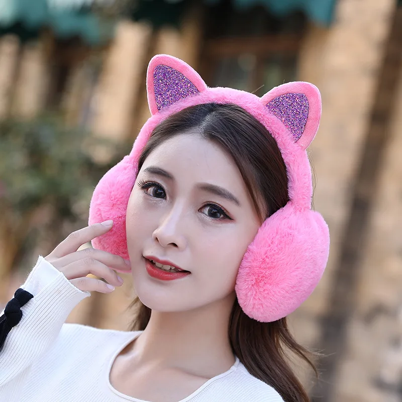 Lovely Women Girl Fur Winter Ear Warmer Cute Earmuffs Cat Ear Muffs Glitter Sequin Earflaps Soft Plush Headphones Warm Headband