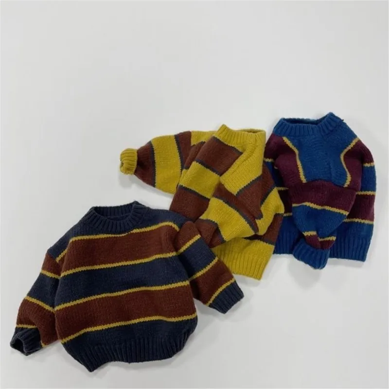 Fashion Baby Boy Girl Knitted Striped Sweater Infant Toddler Child Color Block Pullover Spring Autumn Winter Baby Clothes 1-7Y