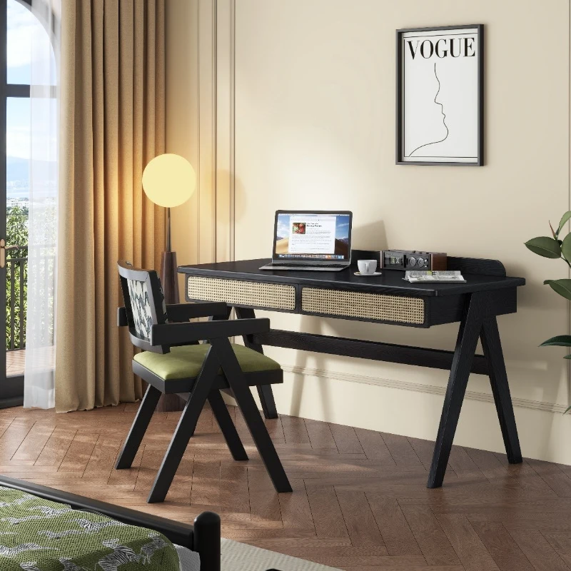 Retro style ash wood solid wood desk study office home dresser black light luxury rattan learning computer desk