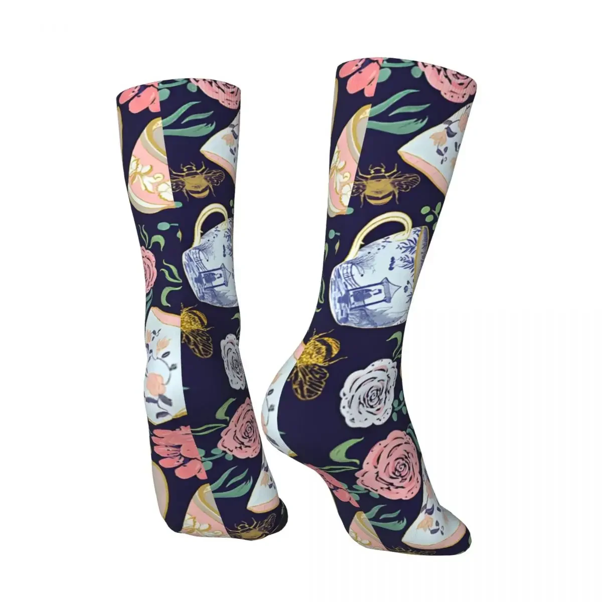 Crazy compression Regency Era Whimsical Tea Cups & Watercolor Flowers Pattern-Navy Sock for Men Harajuku Quality Pattern