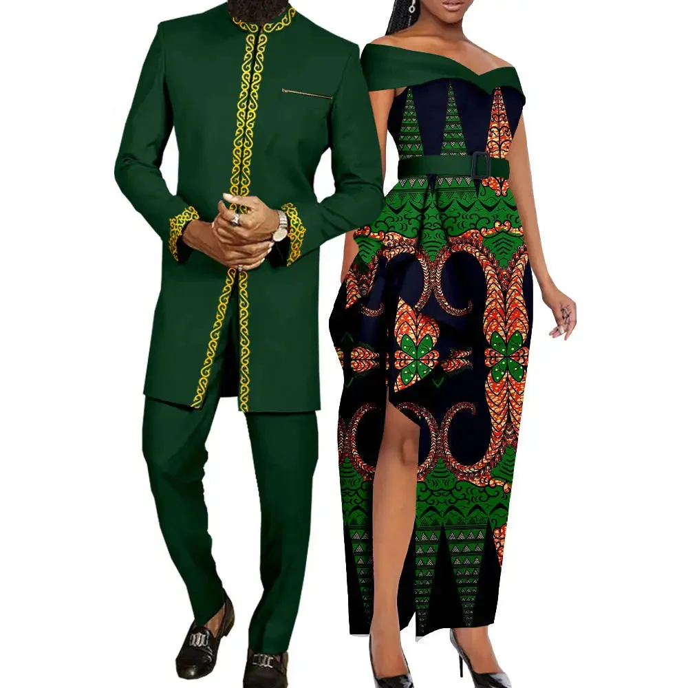 African Print Dresses for Women Matching Couple Outfits Dashiki Men Long Top and Pants 2 Pieces Sets Costume Homme Party Wedding