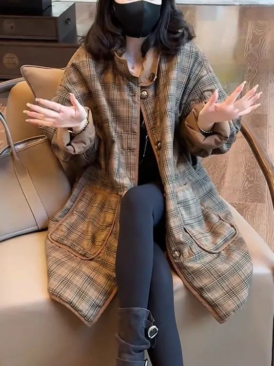 Retro Casual versátil Thiened suelto a cuadros cálido algodón Jaet mujer 2025 invierno Faion relleno algodón abrigo Mujer