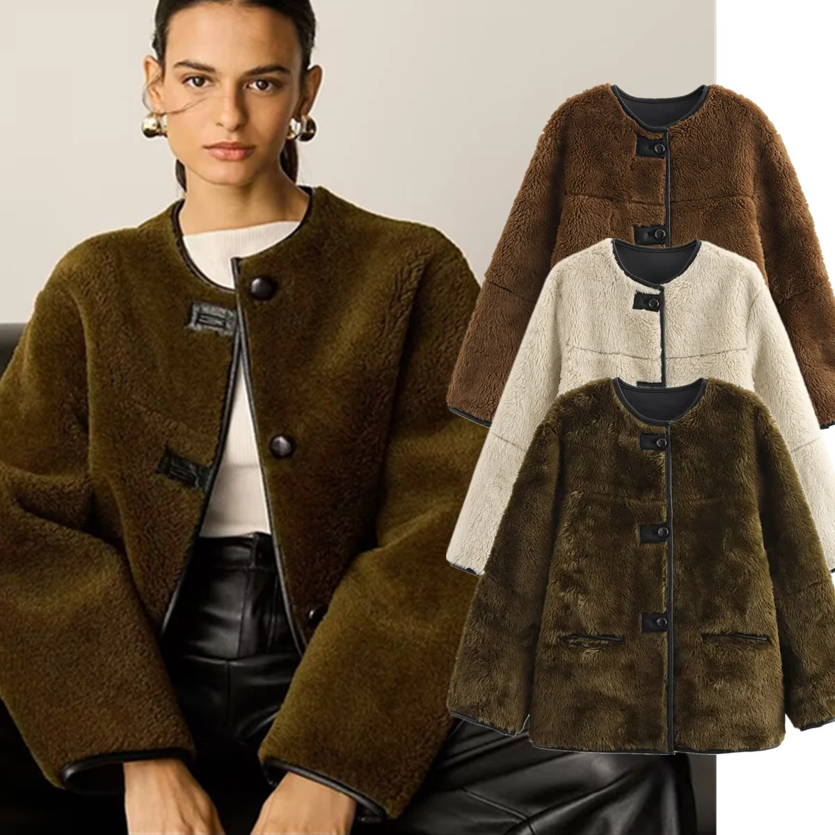 Maxdutti Minimalist Women Clothes Tops Fashion Lady Elegant Faux Fur Round Neck Jacket Coat Women's Jacket