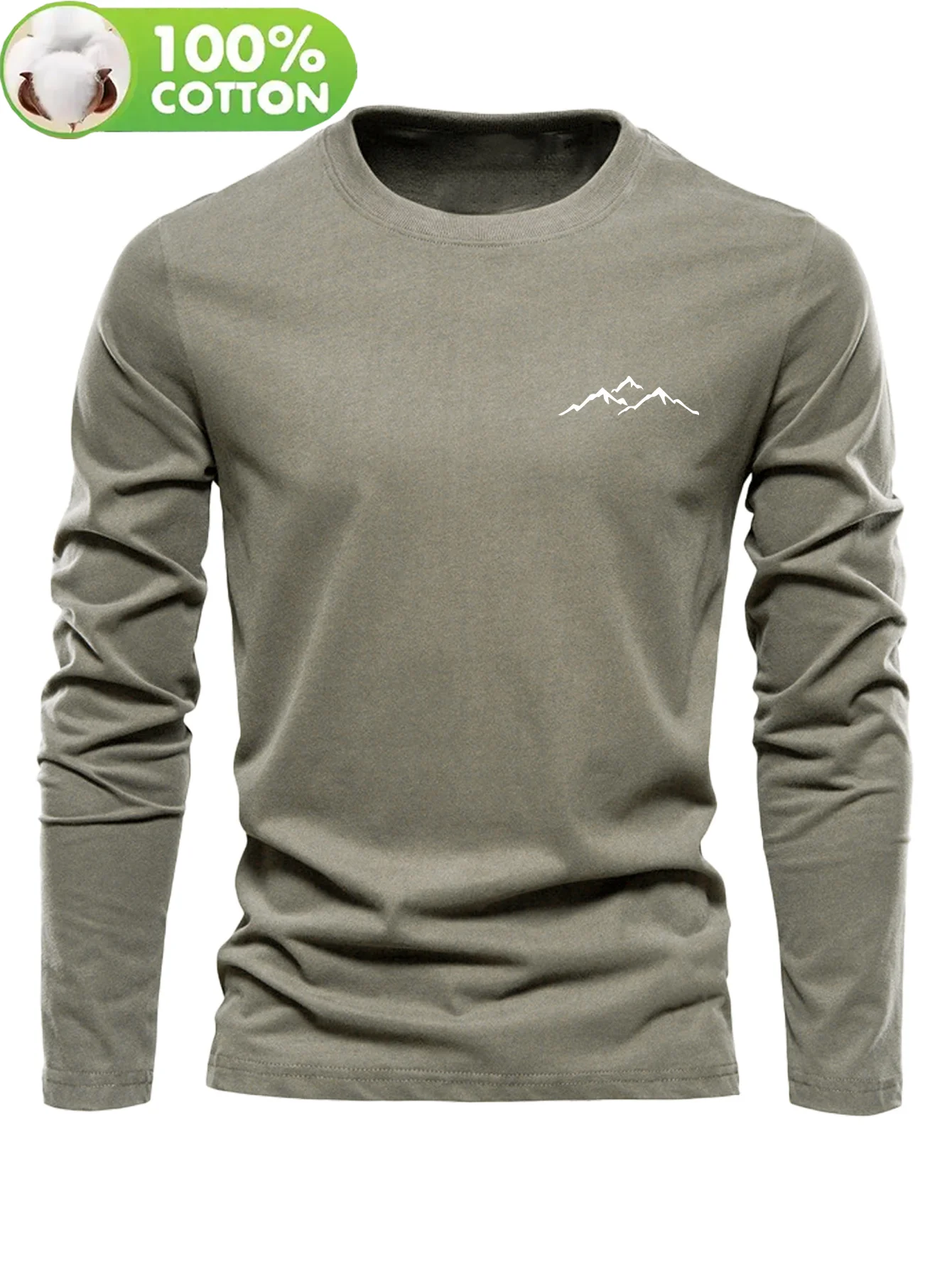 Men's 100% pure cotton loose and comfortable casual sports mountain pattern printed round neck long sleeved T-shirt top