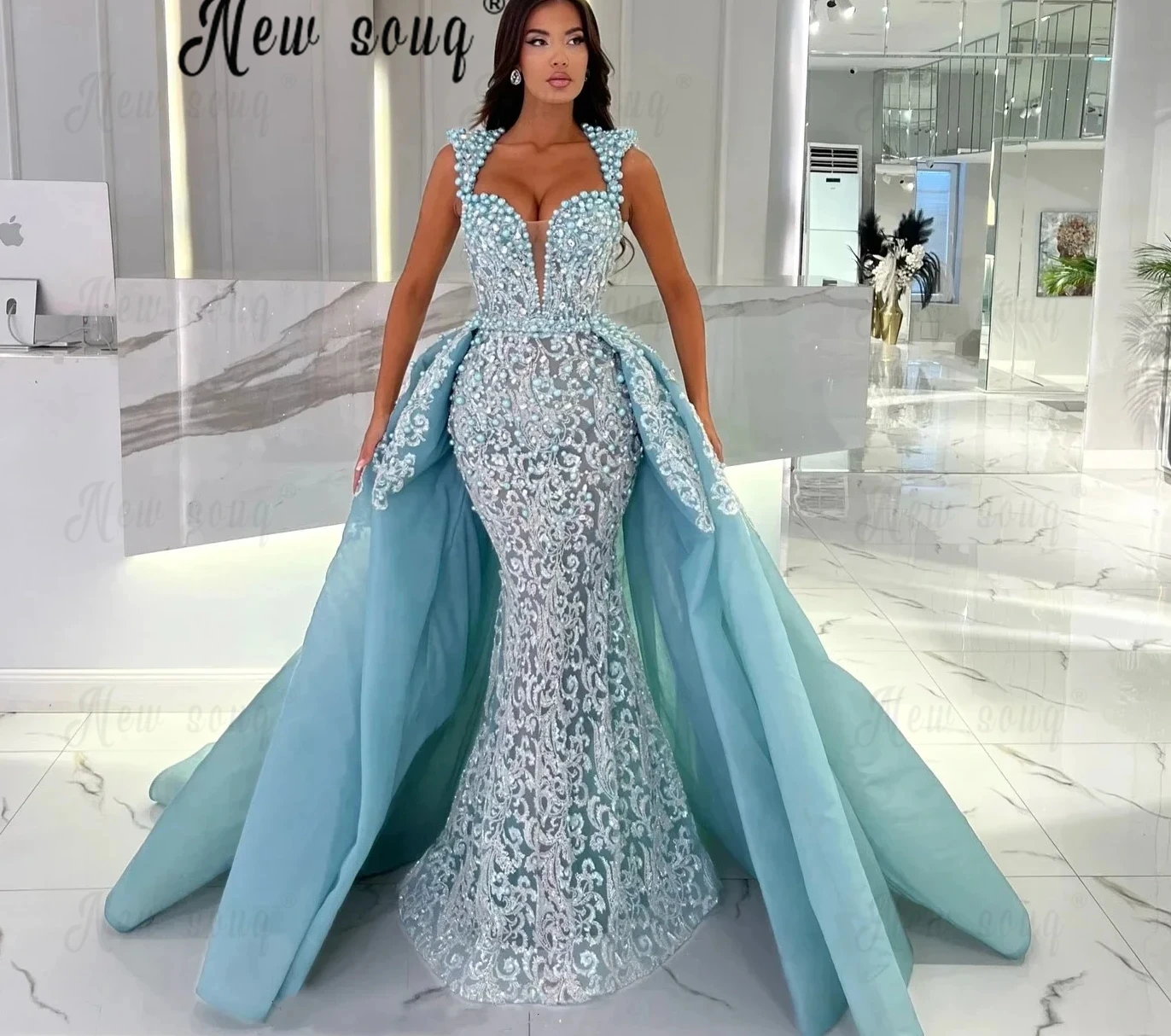 2 Pieces Embroidery Blue Evening Dresses With Detachable Train Lace Wedding Party Gowns for Women Vestidos Novias Boda Africa