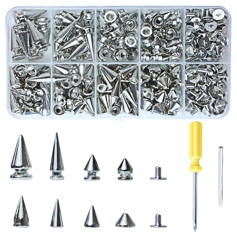 354 PCS Punk Spikes And Studs Kit,8 Size Cone Spikes,Metal Tree Spikes Studs For Leathercraft And Punk Style Clothing