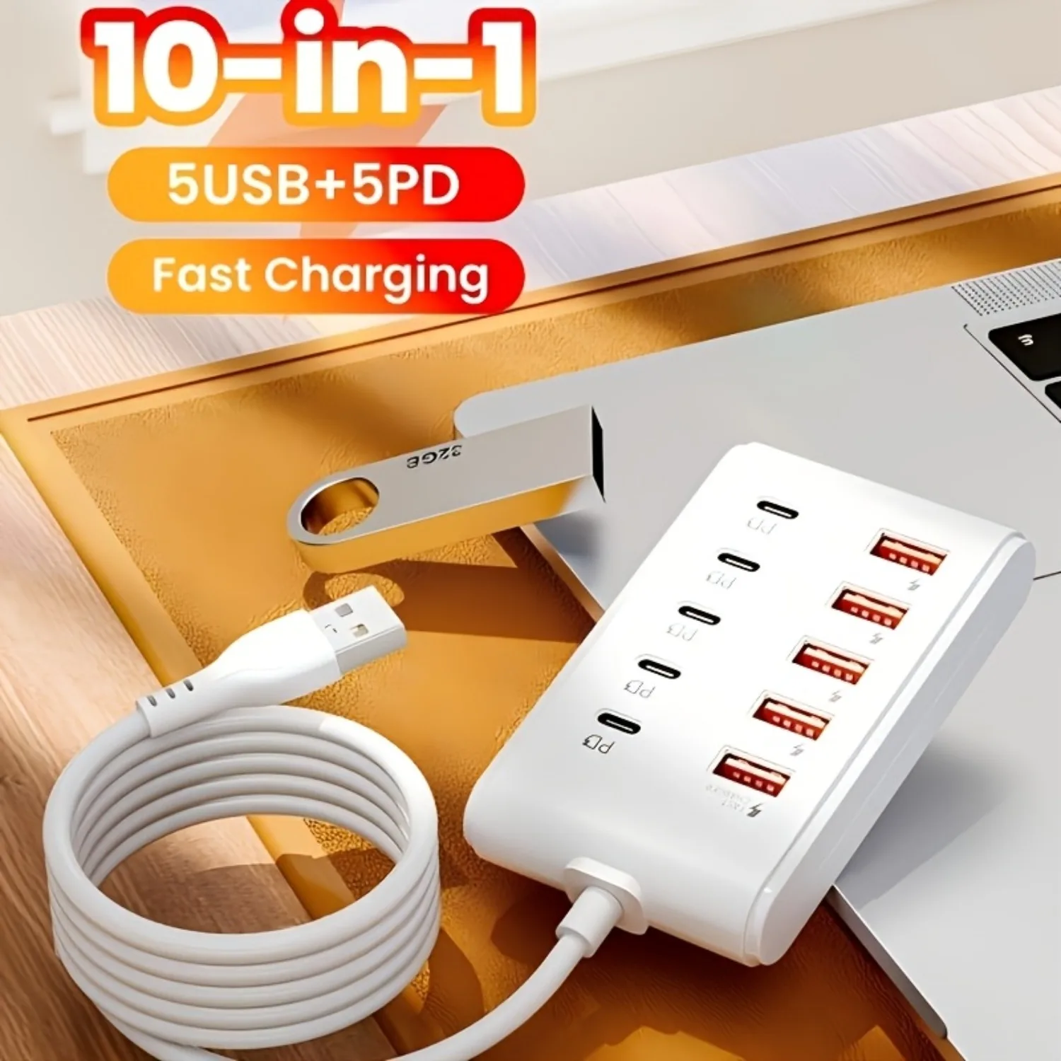 

10-портовый USB-хаб для быстрой зарядки — 5 портов Type-C PD + 5 портов USB-A, каждый порт поддерживает до 25 Вт.