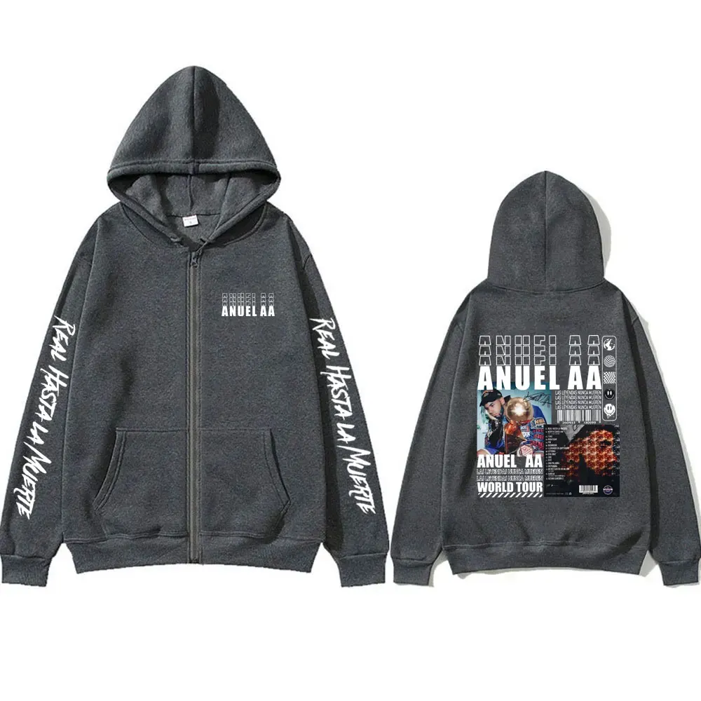 Anuel AA Las Leyendas Nunca Mueren World Tour Zipper Hoodie Men Hip Hop Rap Oversized Zip Up Hoodies Fleece Cotton Zip Up Jacket