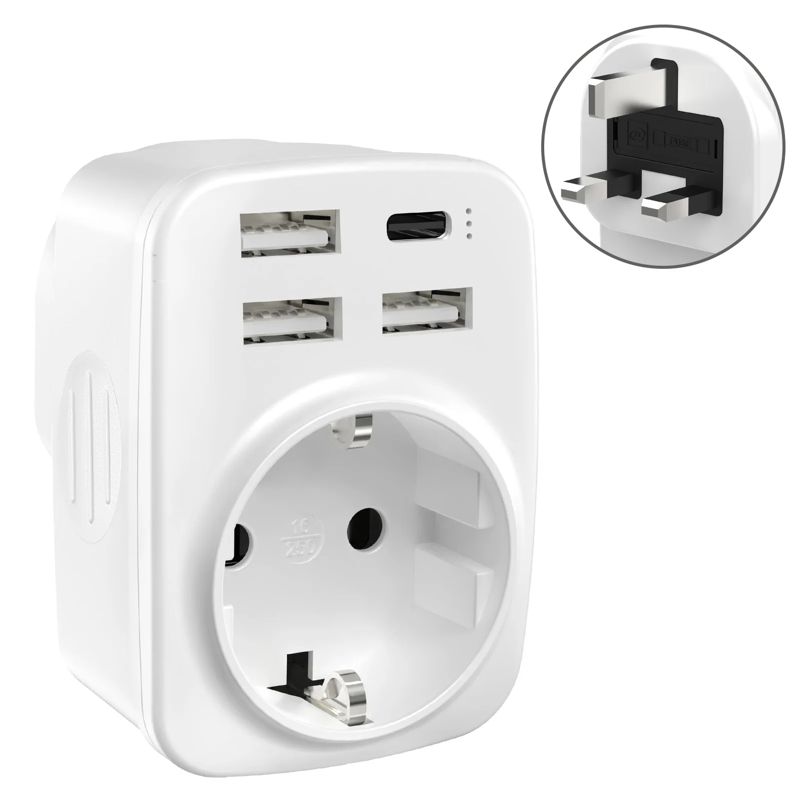 Europe to UK Travel Adapter G Type Plug Adapter with 1 Socket and 2 USB Ports Wall Charging Extender 250V 13A