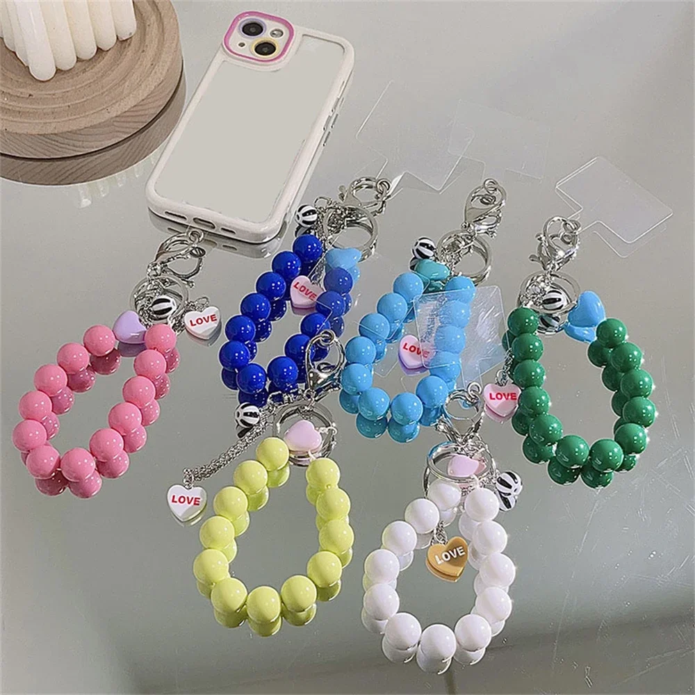 

Korean Cute Love Heart Beaded Colorful Phone Bracelet For iPhone Accessories Anti-Lost Chain Lanyard Hanging Cord Sweet Gift