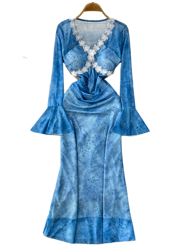 Ele v-ne Bell Sve imprimé Long Dr femme automne taille cintrée florale Nailhead Dr Faionable trajet Sle