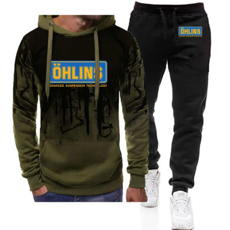 2025 Spring And Autumn Ohlins Logo Print Men's New Gradient Color Cotton Hooded Sweatshirt + Sweatpant Casual Suit