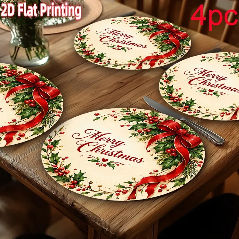 VIKAMA Linen Round Placemats, Vintage Santa Poinsettia Design, Washable Stain Resistant Easy Clean, Retro Holiday Table
