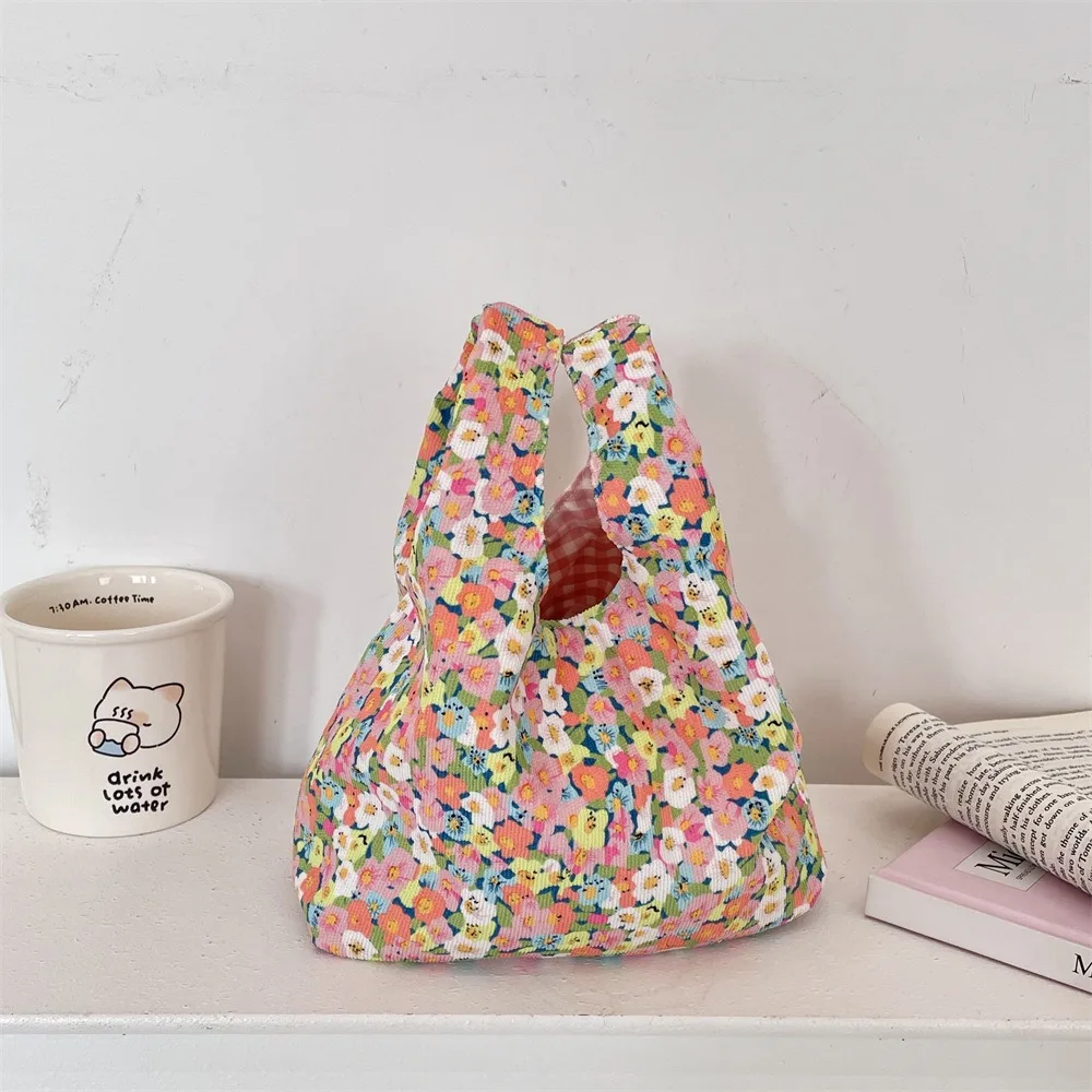 

Portable Japanese Style Floral Wrist Bag Literary Corduroy Printing Handbag Casual Commuting Small Item Pouch Students