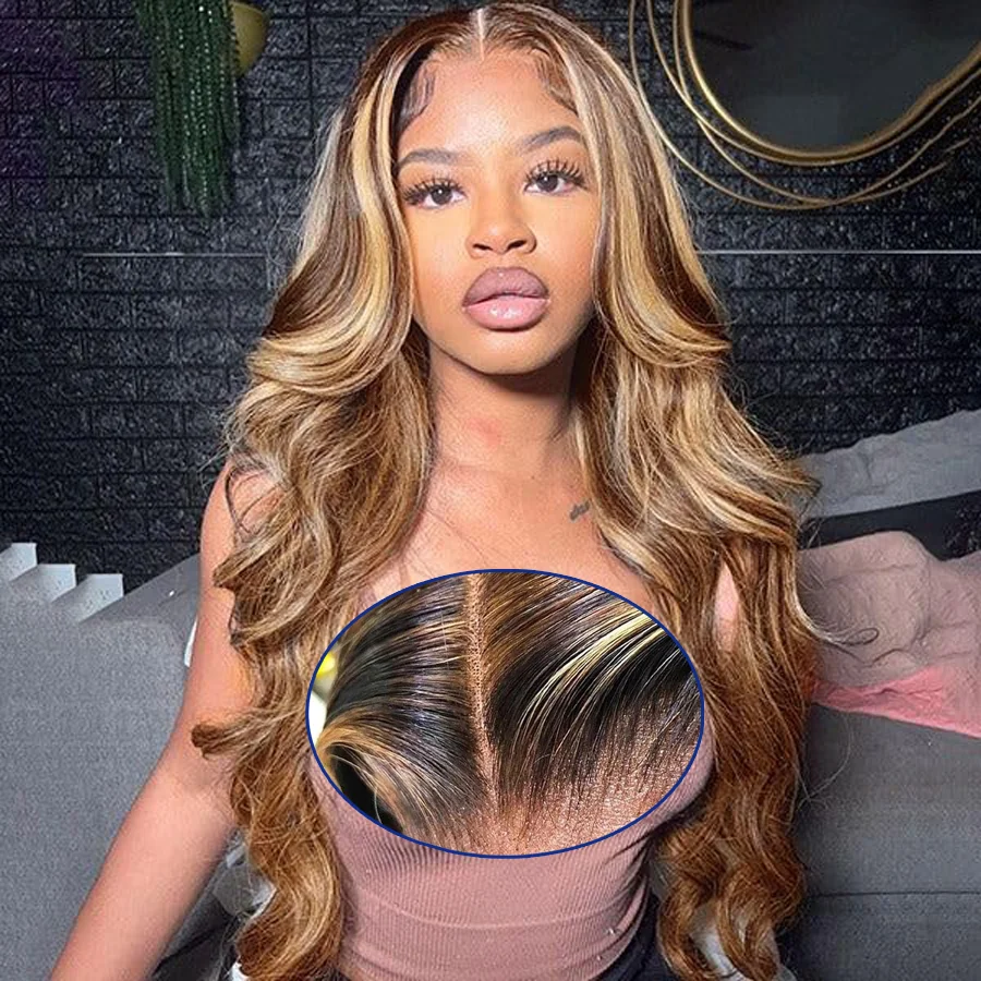 

P4/27 Highlight Body Wave 40 Inch Long-length & 200% High Density Human Hair Wigs HD Transparent Skin-melt Swiss Lace Frontal Wig
