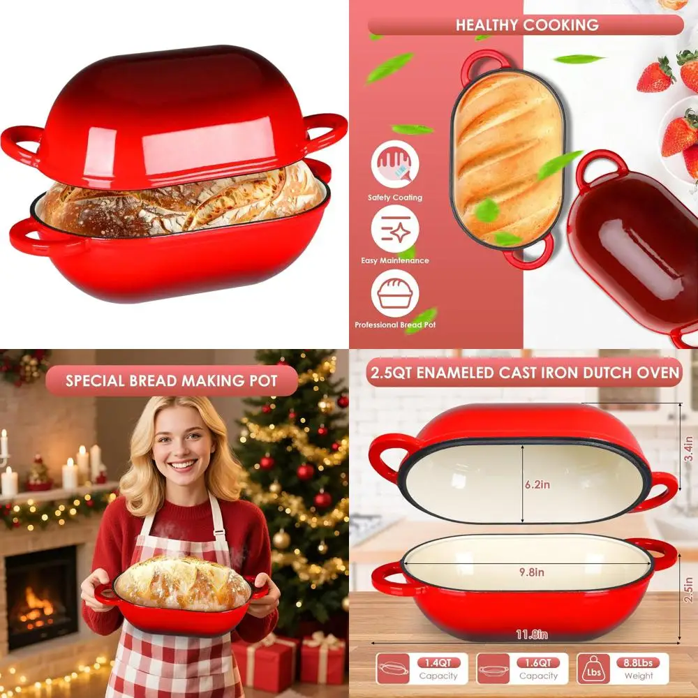 

Red Enamel Cast Iron Dutch Oven, 2.5 Quart, Non-Stick, Oven Safe for Sourdough Bread Baking