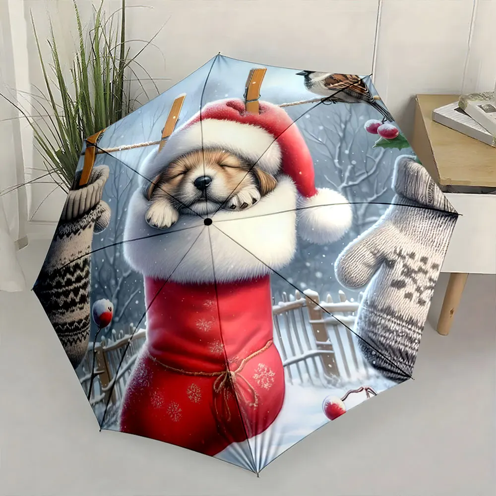 1PC Christmas Puppy Illustration on Umbrella Print 8 Iron Ribs Folding Umbrella Auto-Open Fashion Sunshade
